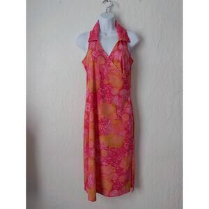 Y2K Vtg Floral Fit Flare Dress Faux Wrap Collared VNeck Pink Orange Fits Small